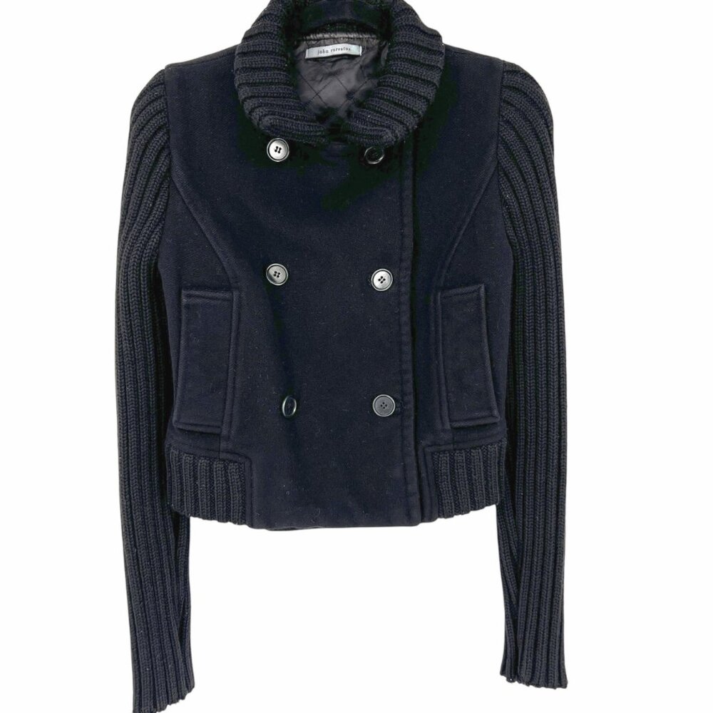 John Varvatos Cropped Pea Coat with Knit Sleeves Black Womens Size Small